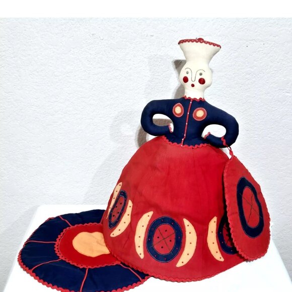 Russian Vintage Cloth Tea Cozy + 2 Hot Pads Hand Embroidered & Beaded NWD Red - Picture 1 of 10